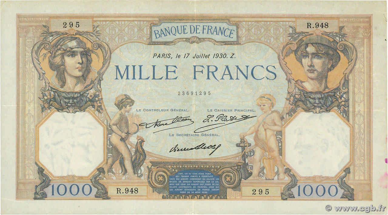 1000 Francs CÉRÈS ET MERCURE FRANCE  1930 F.37.05 TTB