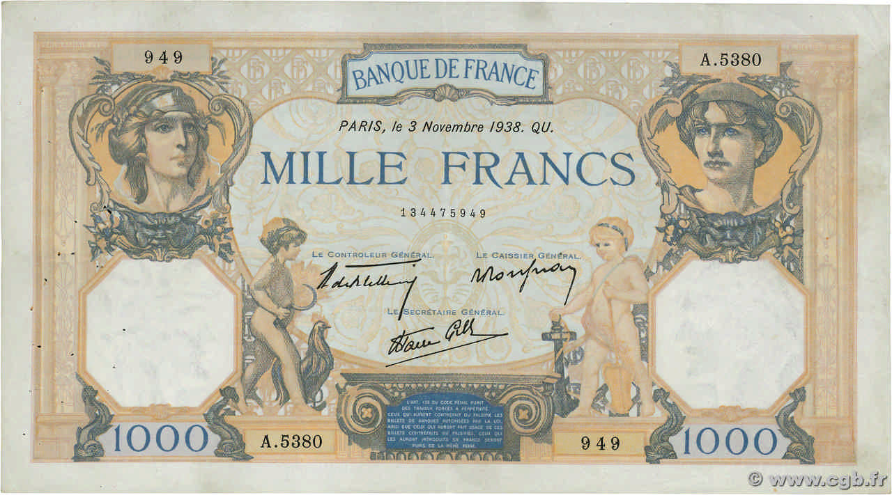 1000 Francs CÉRÈS ET MERCURE type modifié FRANKREICH  1938 F.38.32 fVZ