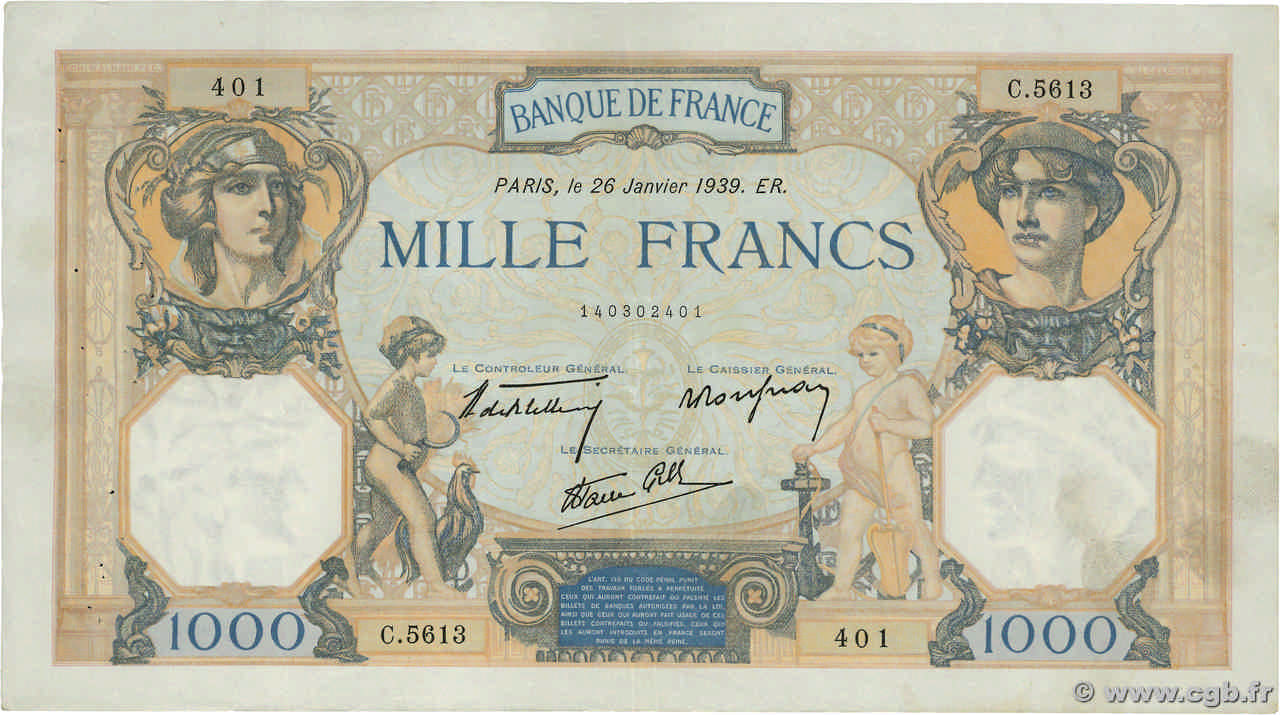 1000 Francs CÉRÈS ET MERCURE type modifié FRANCE  1939 F.38.33 VF+
