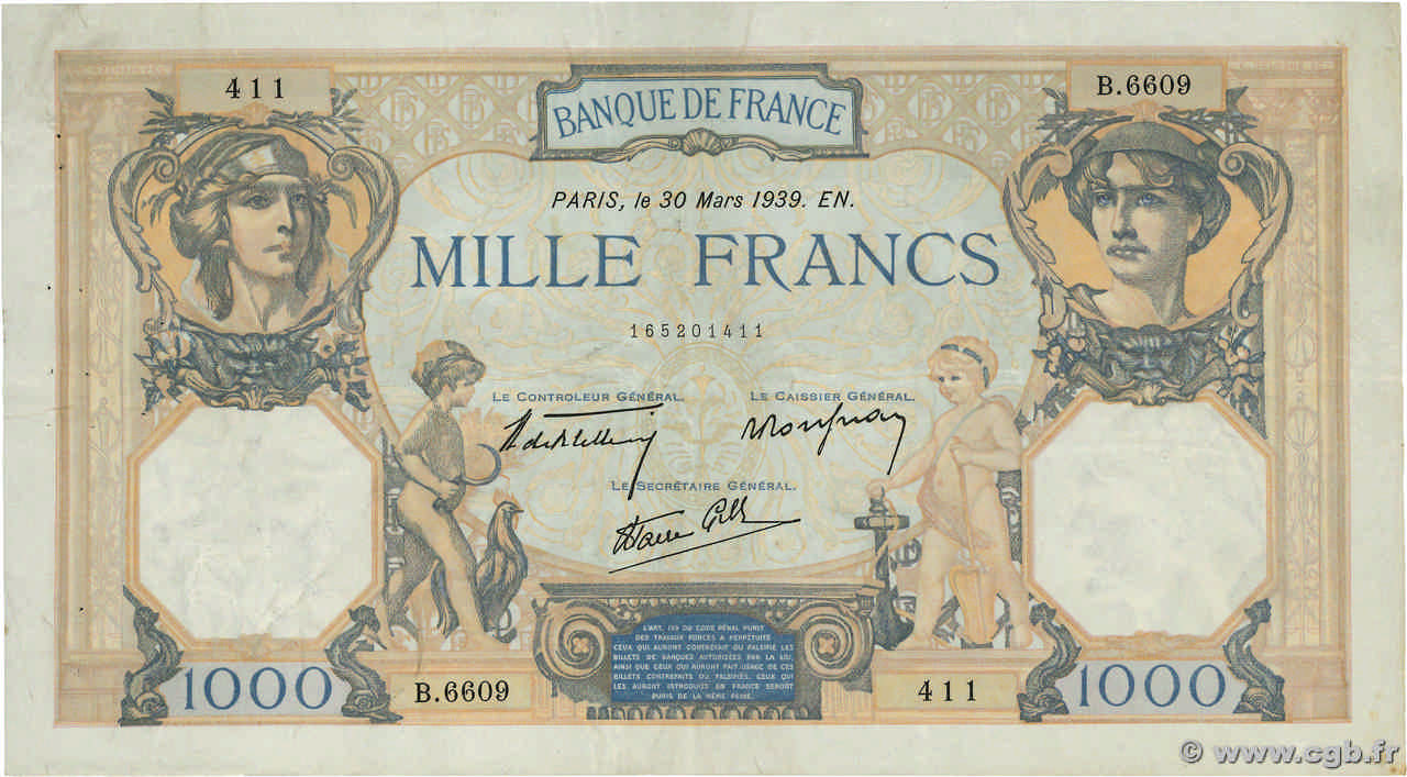 1000 Francs CÉRÈS ET MERCURE type modifié FRANCE  1939 F.38.35 TTB+