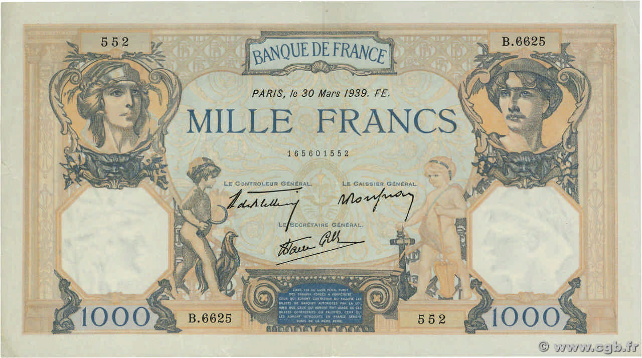 1000 Francs CÉRÈS ET MERCURE type modifié FRANCE  1939 F.38.35 XF-