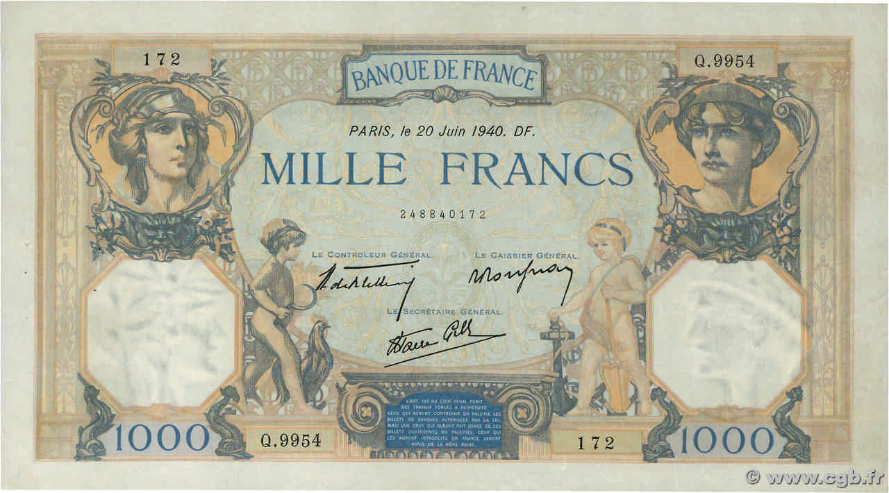 1000 Francs CÉRÈS ET MERCURE type modifié FRANKREICH  1940 F.38.49 fVZ