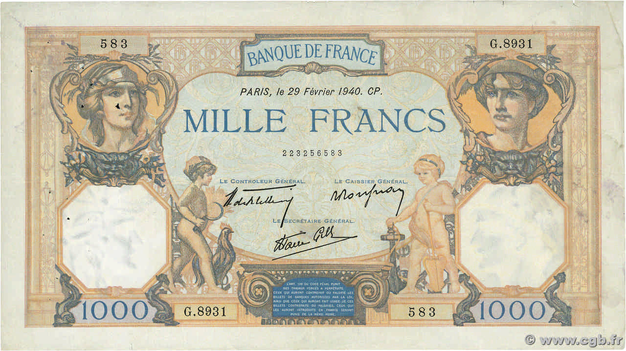 1000 Francs CÉRÈS ET MERCURE type modifié FRANCE  1940 F.38.43 TTB