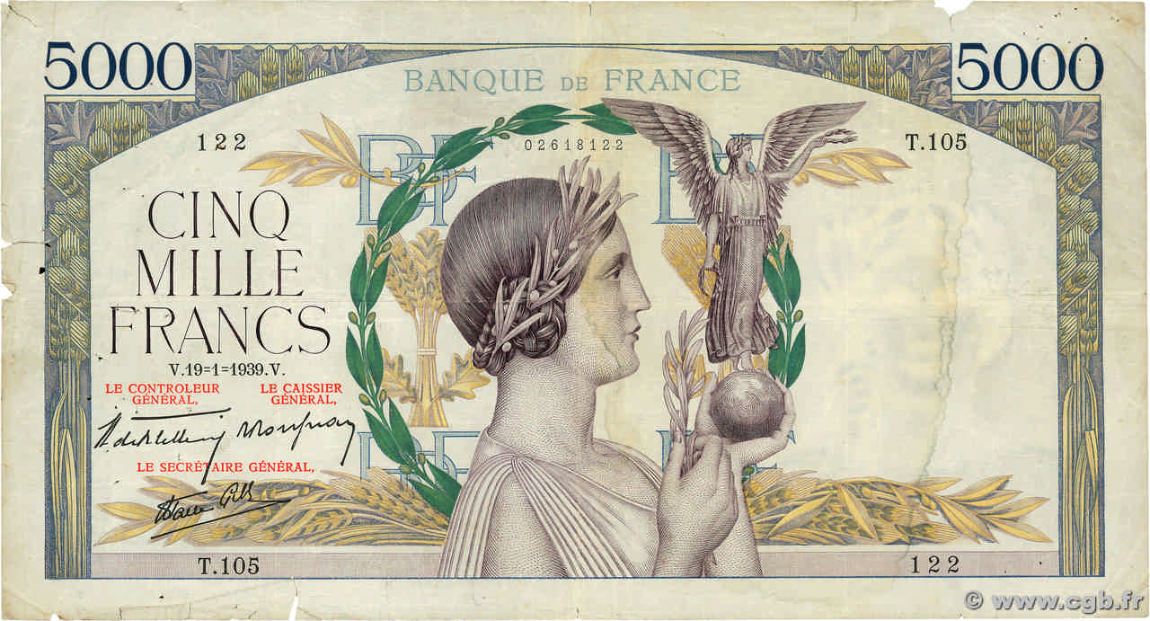 5000 Francs VICTOIRE Impression à plat FRANCE  1939 F.46.02 B+