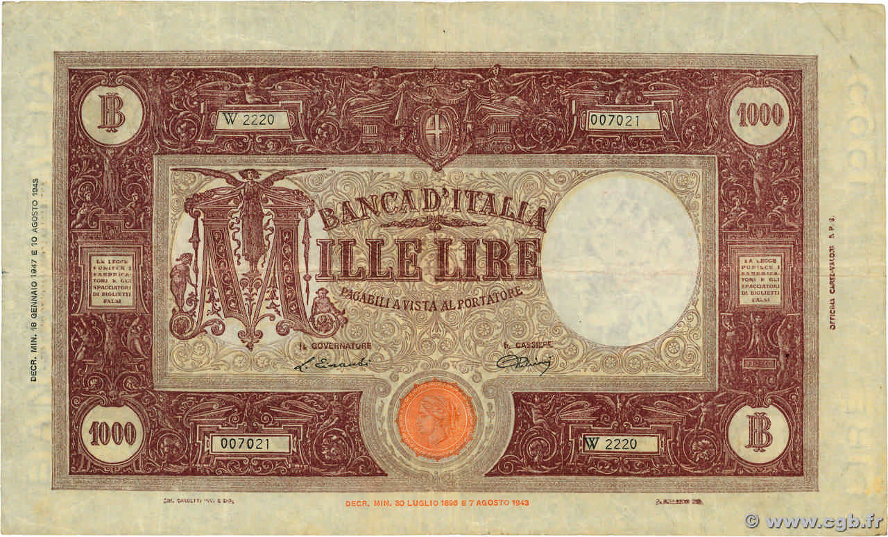 1000 Lire ITALIA  1947 P.072c MB