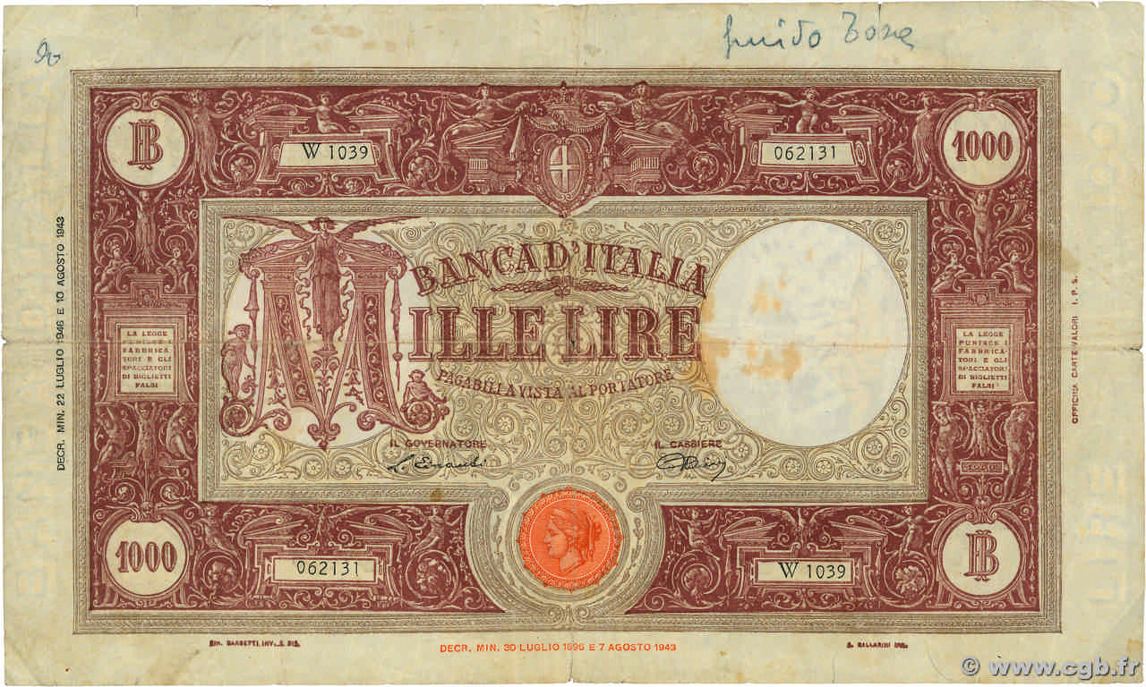 1000 Lire ITALIE  1946 P.072c pr.TB