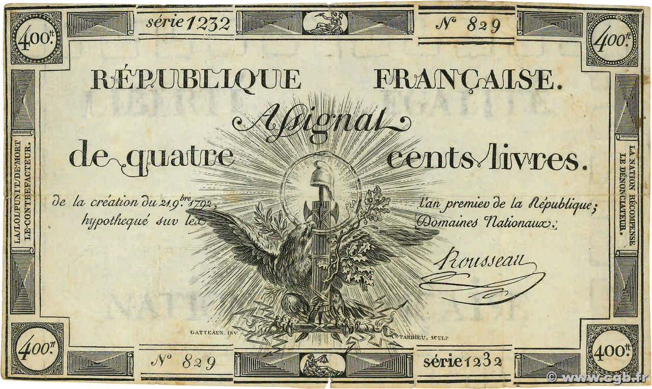 400 Livres FRANCE  1792 Ass.38a TB+