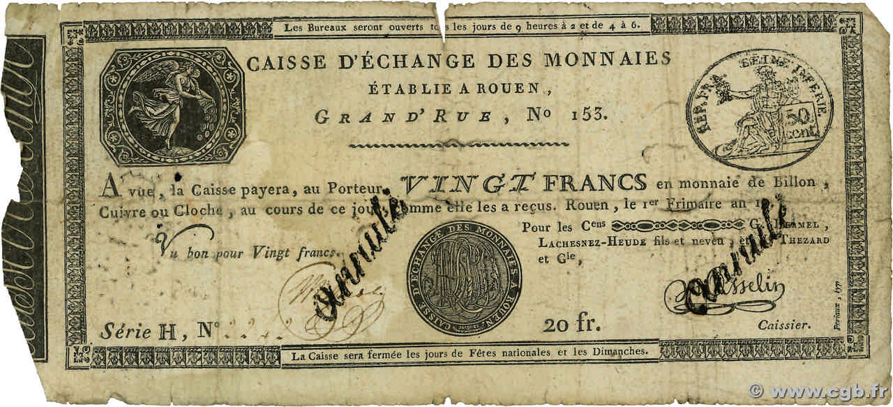 20 Francs Annulé FRANKREICH  1801 PS.245b fSGE