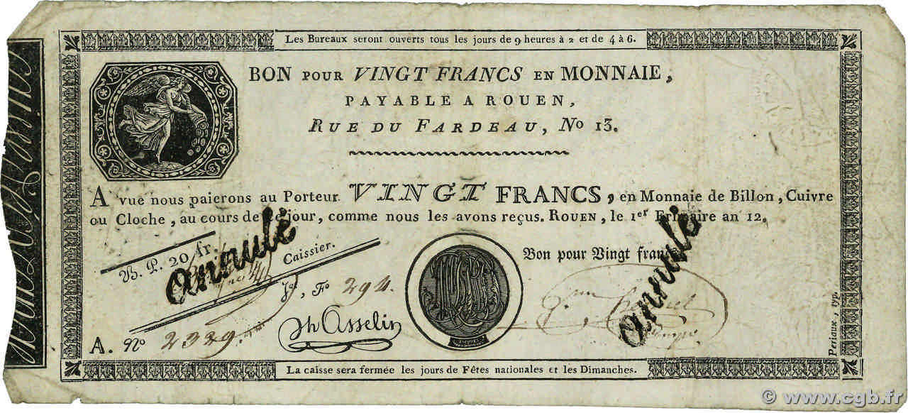 20 Francs Annulé FRANKREICH  1803 PS.245b fSGE