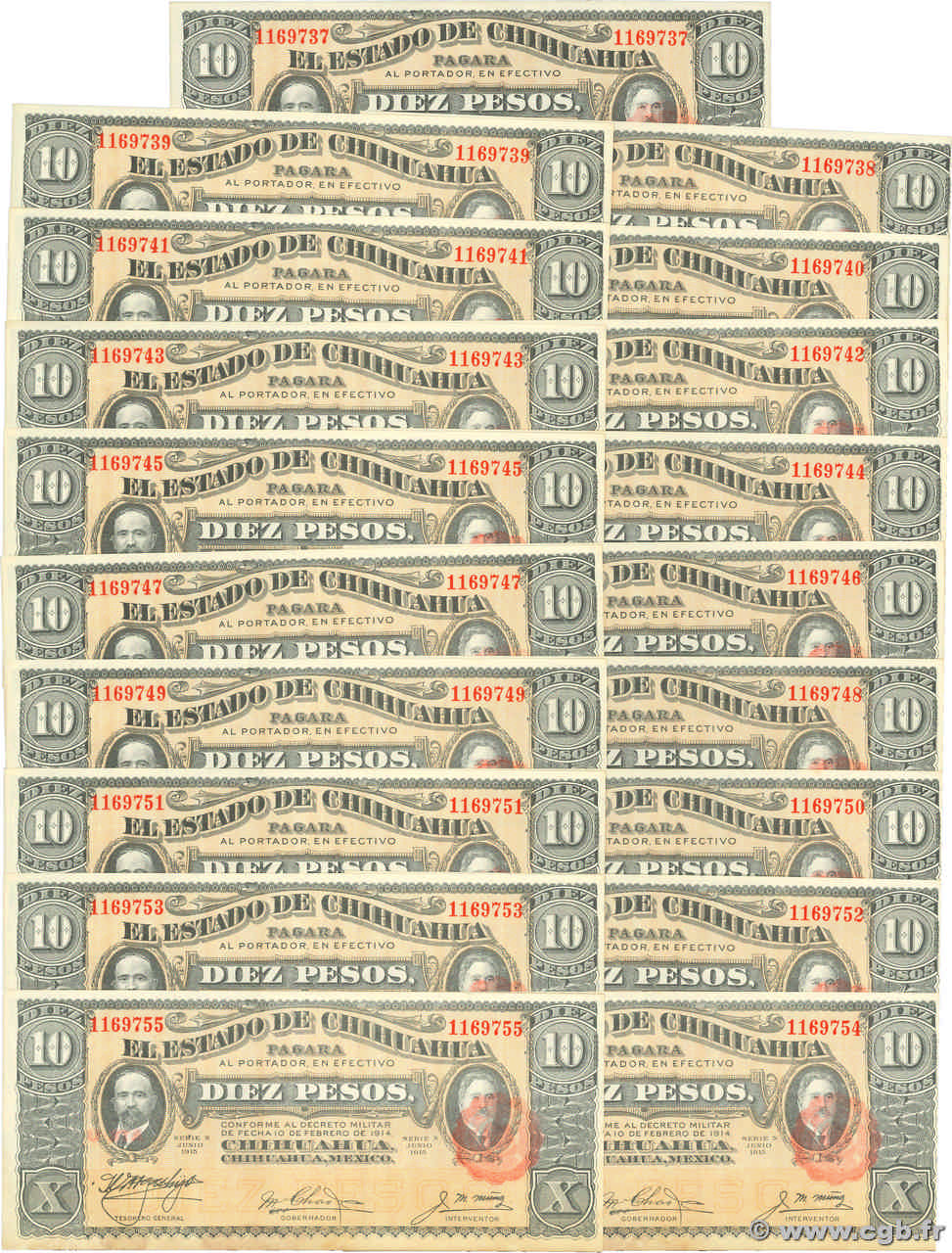 10 Pesos Consécutifs MEXICO  1915 PS.0535a fST+