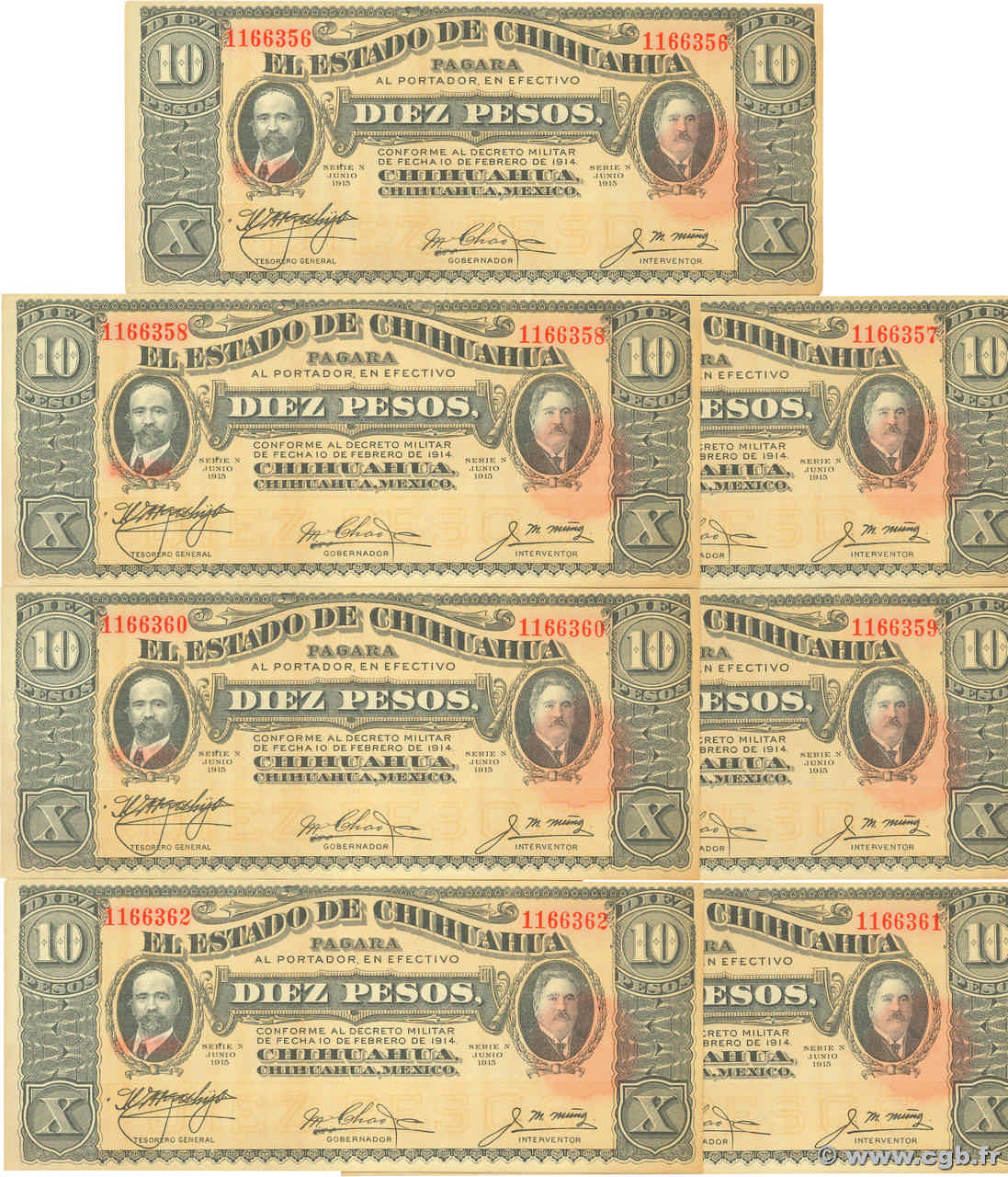 10 Pesos Consécutifs MEXIQUE  1915 PS.0535a SPL+