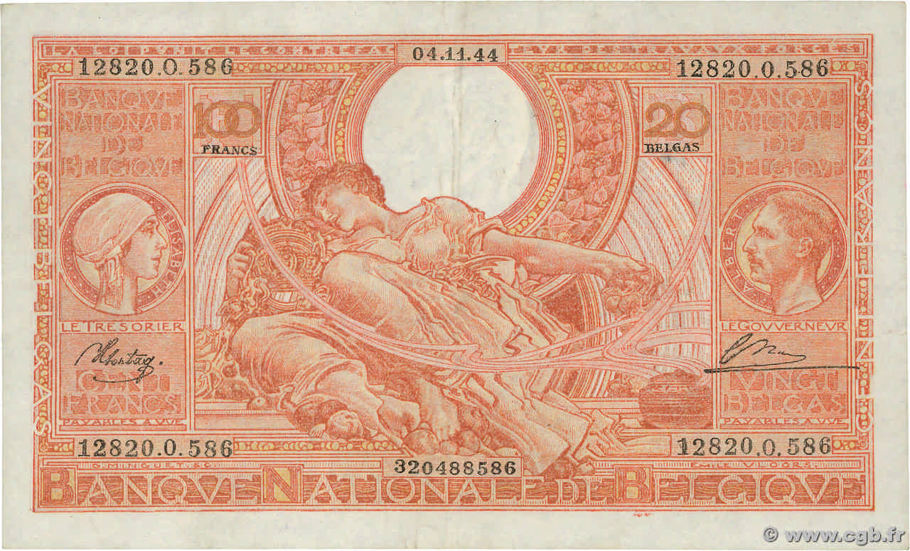 100 Francs - 20 Belgas BELGIEN  1944 P.113 SS