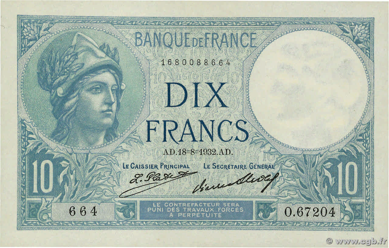 10 Francs MINERVE FRANKREICH  1932 F.06.16 fST