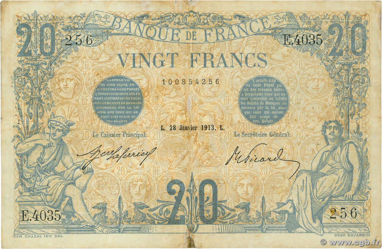 20 Francs BLEU FRANCE  1913 F.10.03 TB