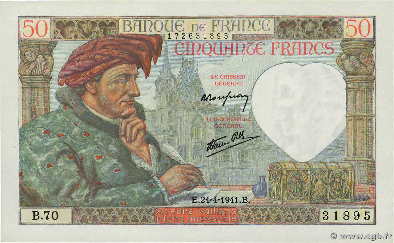 50 Francs JACQUES CŒUR FRANCE  1941 F.19.09 UNC
