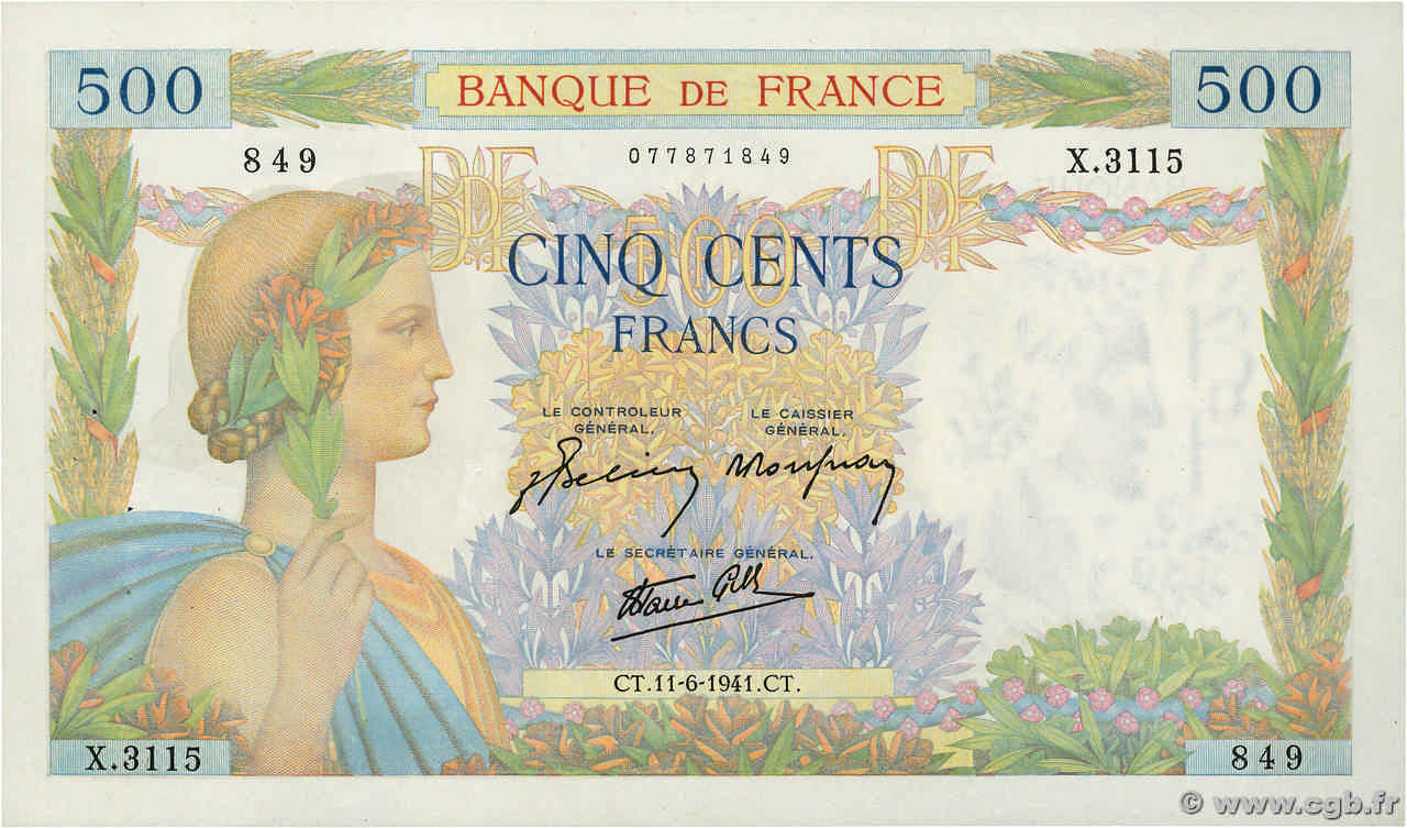 500 Francs LA PAIX FRANCIA  1941 F.32.18 EBC