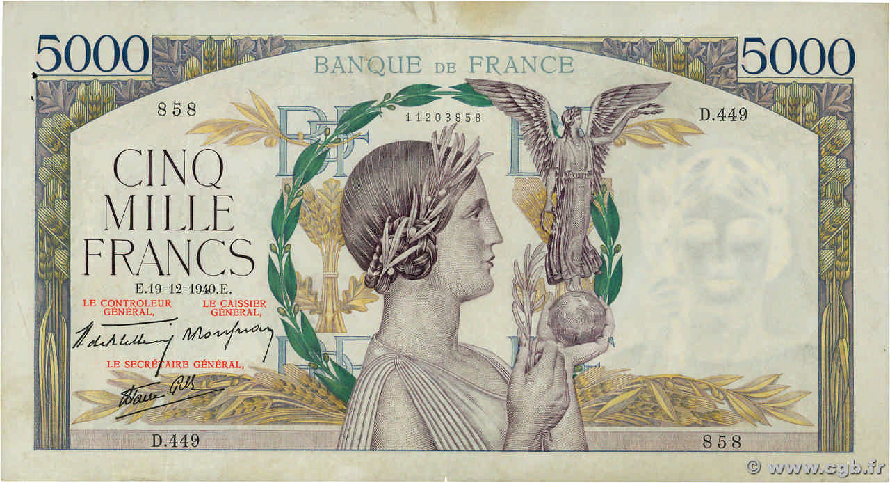 5000 Francs VICTOIRE Impression à plat FRANCE  1940 F.46.17 pr.TTB