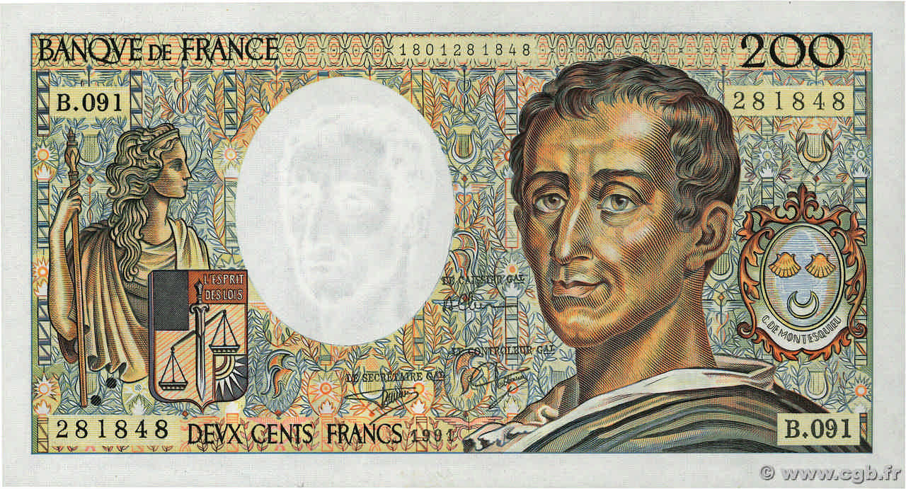 200 Francs MONTESQUIEU FRANCIA  1991 F.70.11 SC+