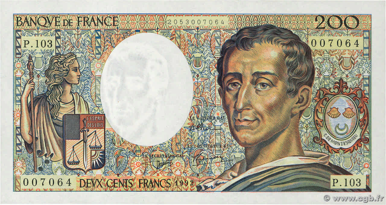 200 Francs MONTESQUIEU FRANCE  1992 F.70.12a pr.NEUF