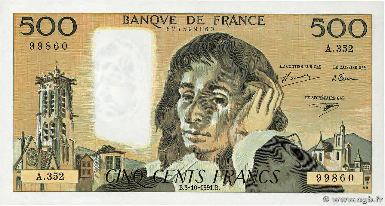 500 Francs PASCAL FRANCE  1991 F.71.48 AU