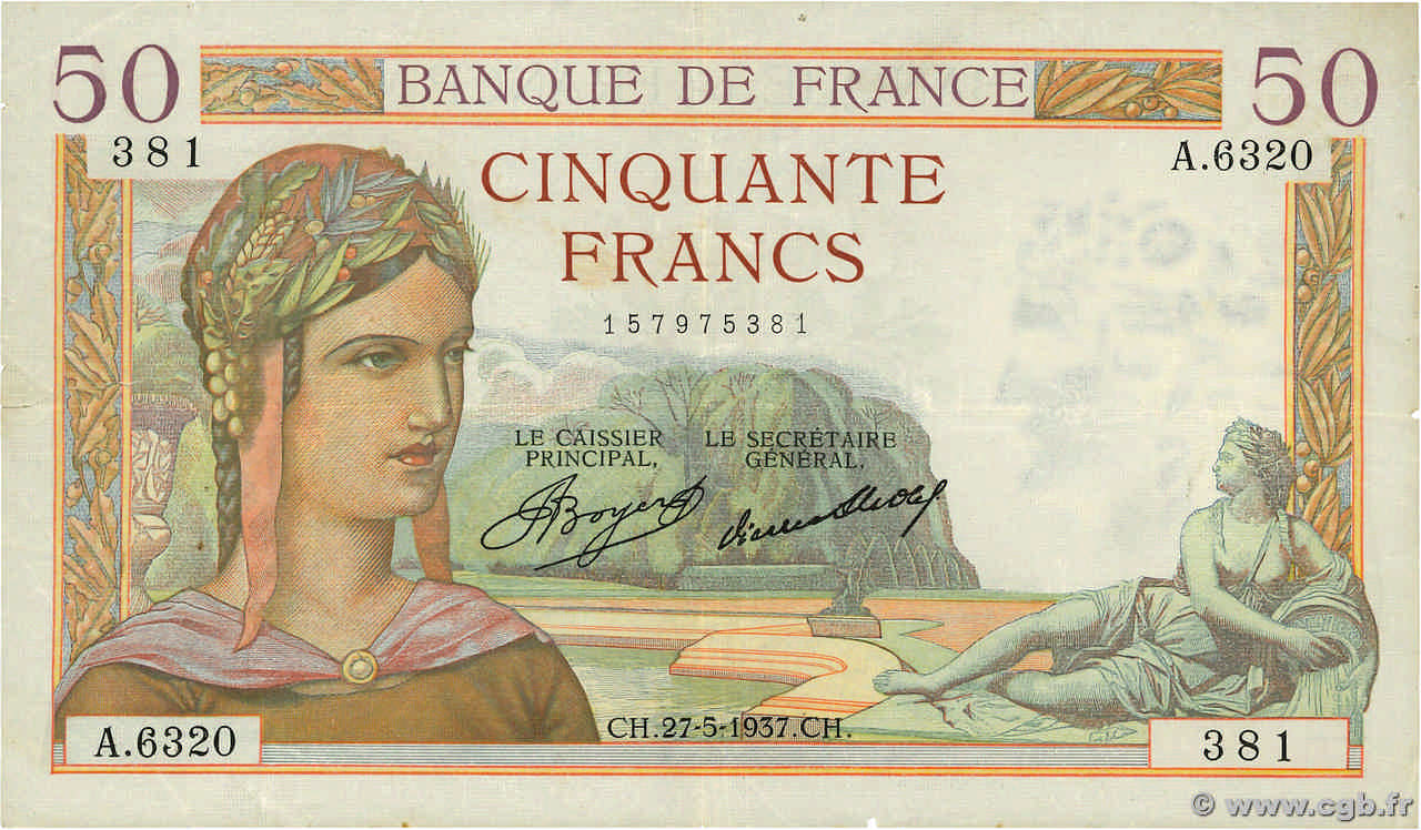 50 Francs CÉRÈS FRANCE  1937 F.17.39 VF-