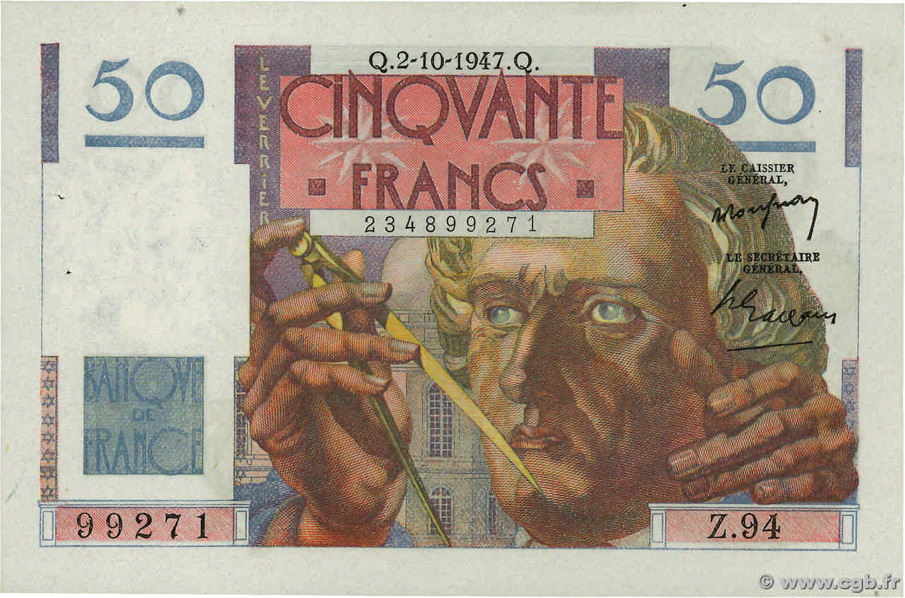 50 Francs LE VERRIER FRANCIA  1947 F.20.09 SPL