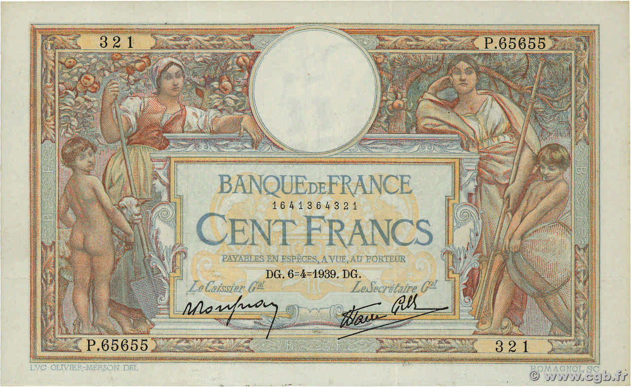 100 Francs LUC OLIVIER MERSON type modifié FRANCIA  1939 F.25.45 MBC+