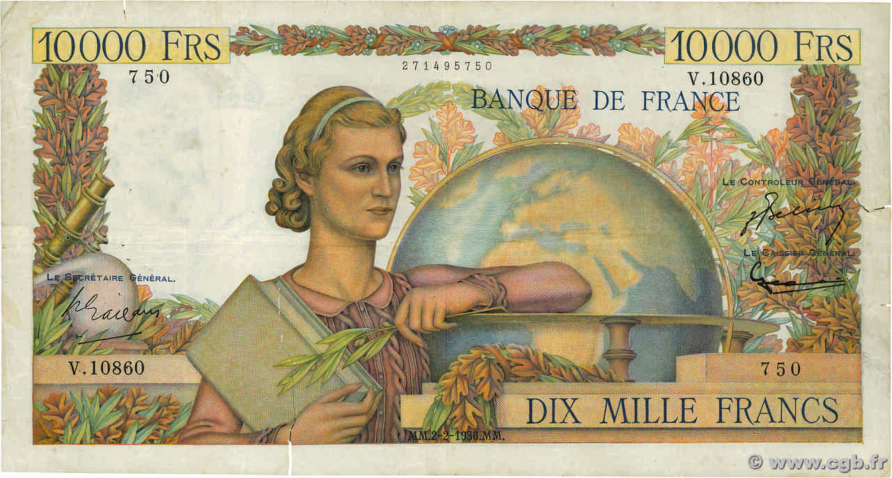 10000 Francs GÉNIE FRANÇAIS FRANCIA  1956 F.50.79 RC+
