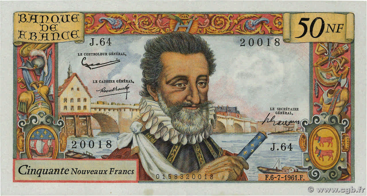 50 Nouveaux Francs HENRI IV FRANCE  1961 F.58.06 XF-