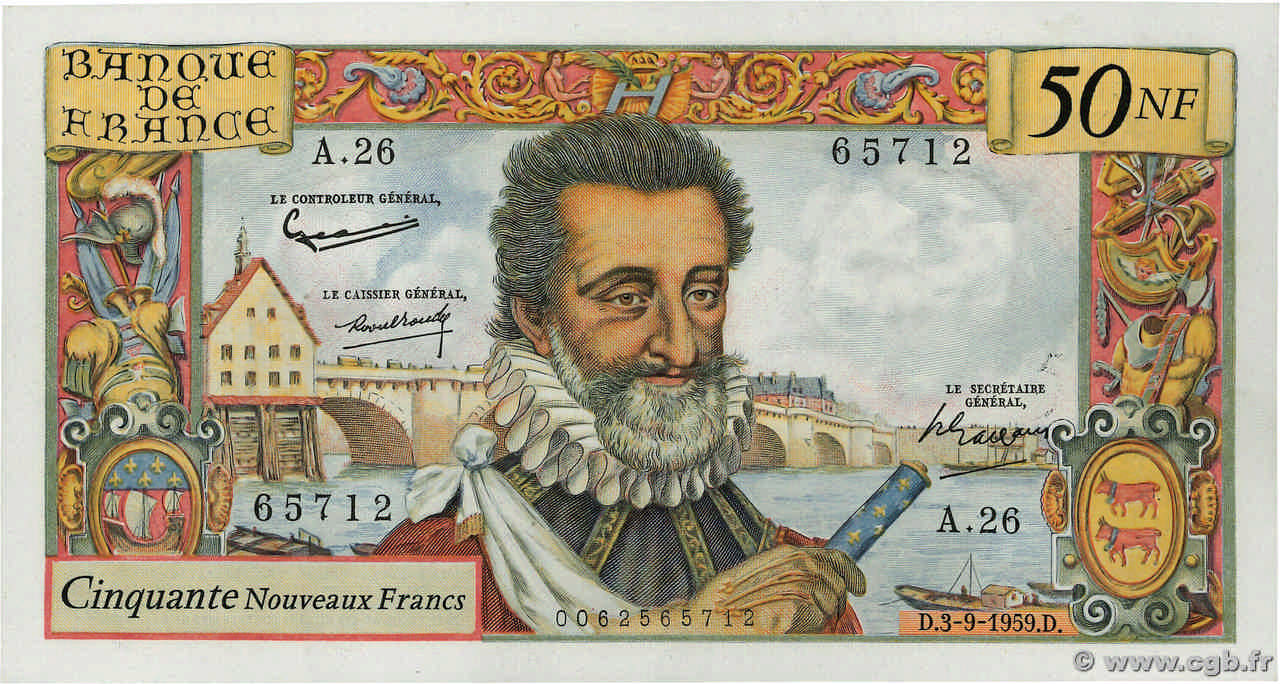 50 Nouveaux Francs HENRI IV FRANCE  1959 F.58.03 XF
