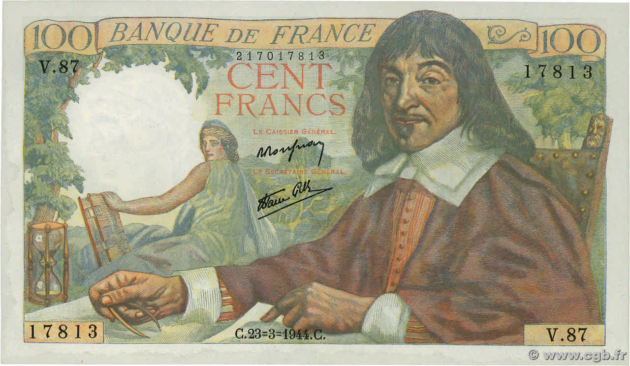 100 Francs DESCARTES FRANCE  1944 F.27.05 pr.NEUF