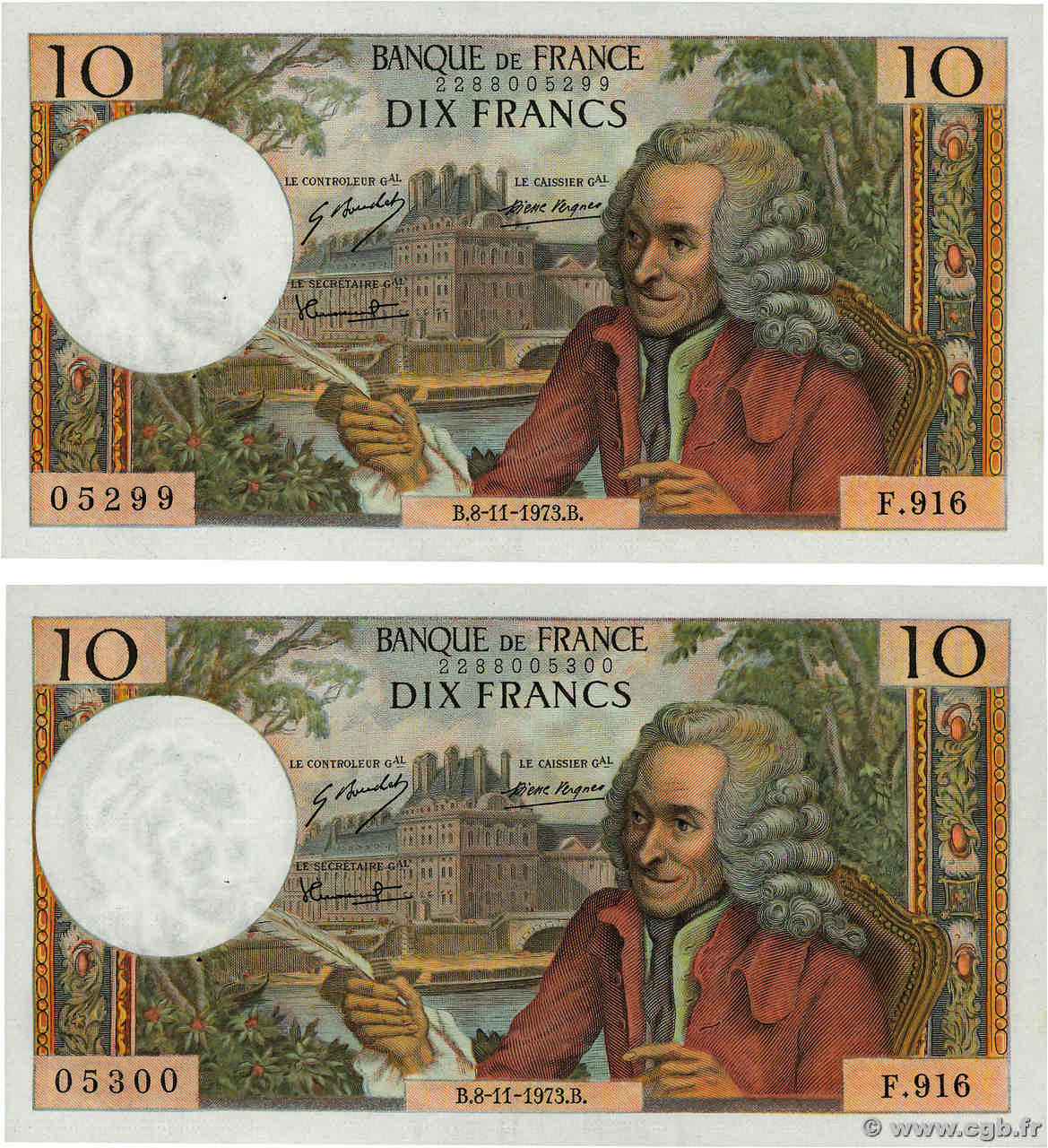 10 Francs VOLTAIRE Consécutifs FRANCIA  1973 F.62.64 SC