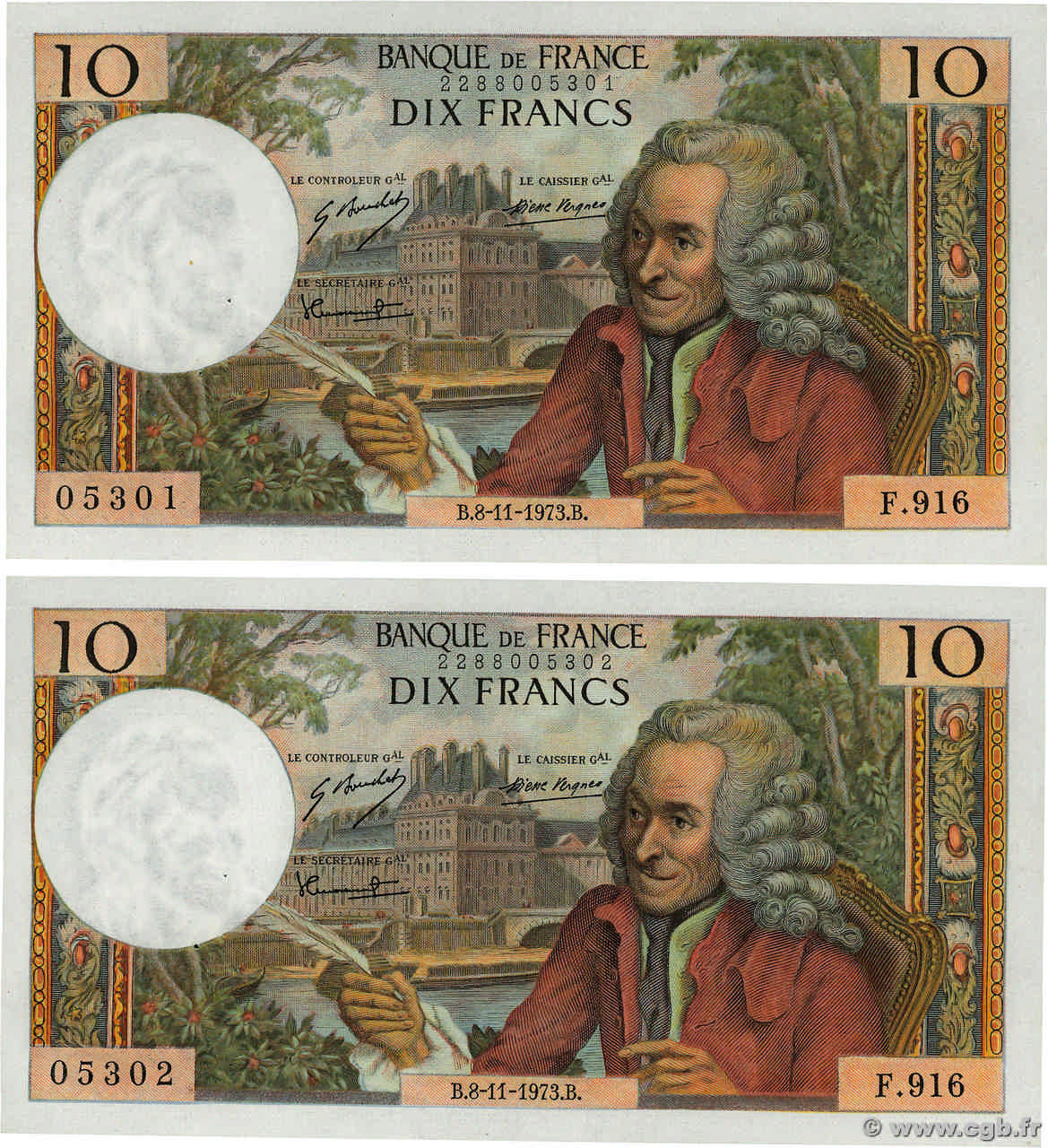 10 Francs VOLTAIRE Consécutifs FRANCIA  1973 F.62.64 AU