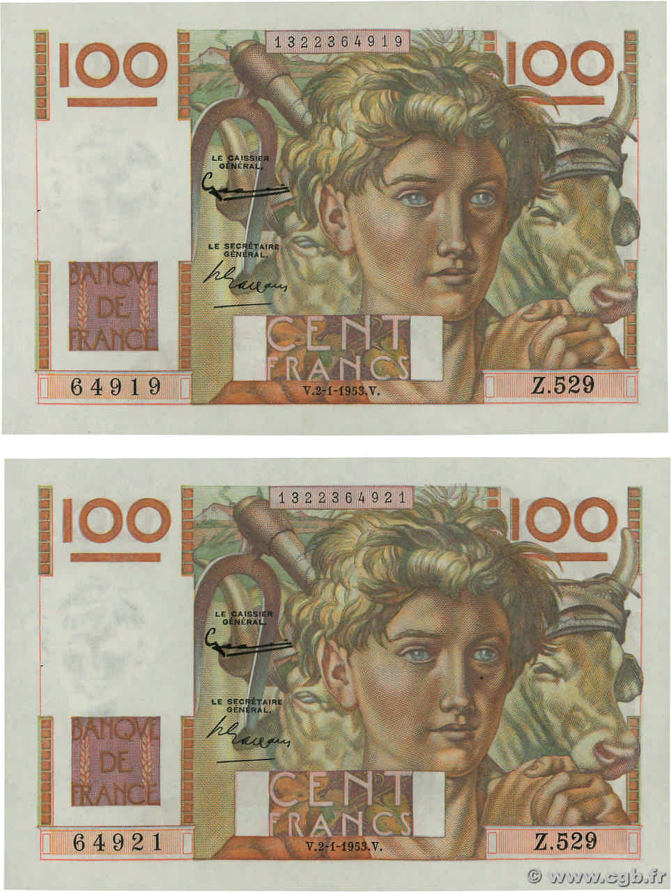 100 Francs JEUNE PAYSAN Lot FRANCIA  1953 F.28.35 SC