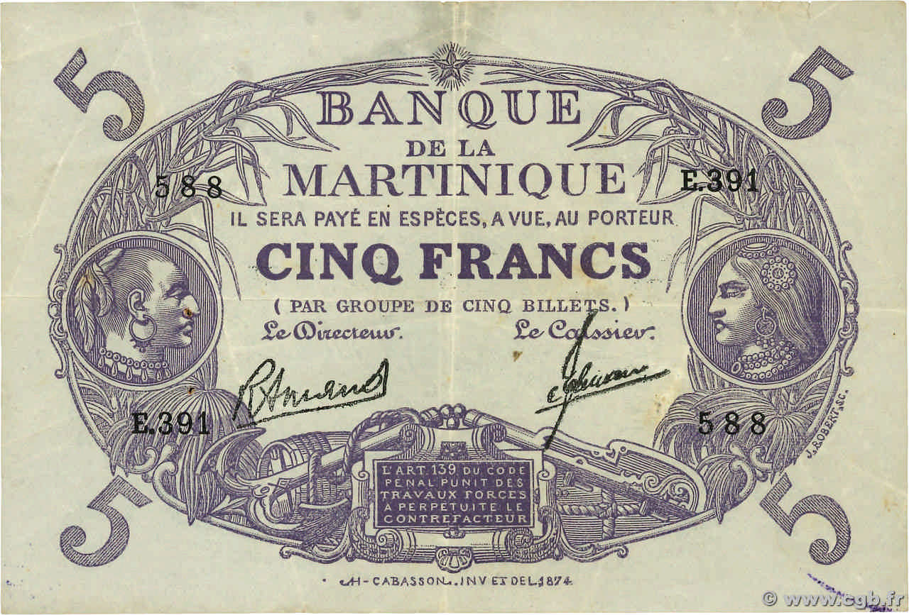 5 Francs Cabasson violet MARTINIQUE  1945 P.06 pr.TTB