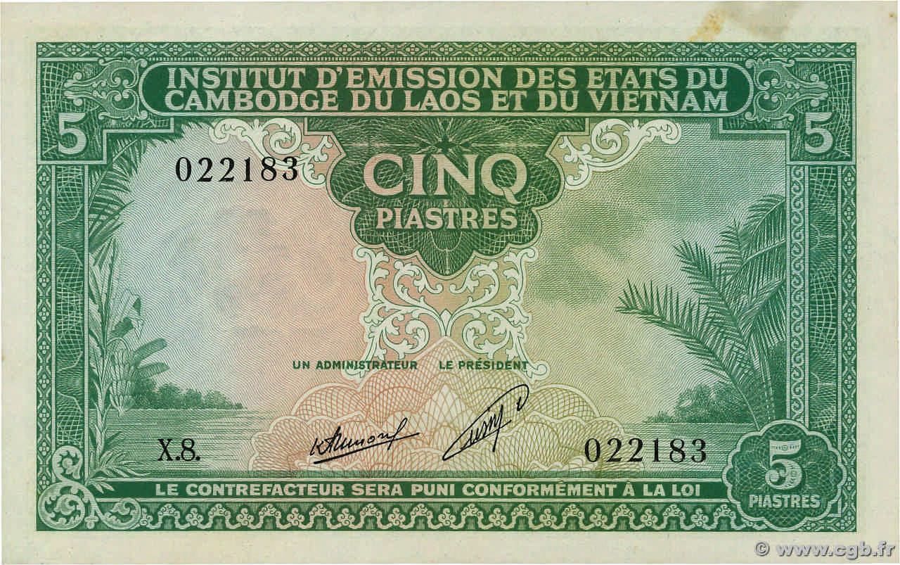 5 Piastres - 5 Kip INDOCHINE FRANÇAISE  1953 P.101 SUP