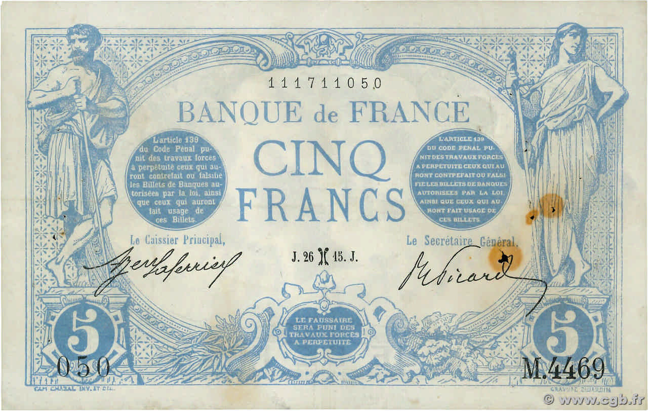 5 Francs BLEU FRANCE  1915 F.02.24 VF-