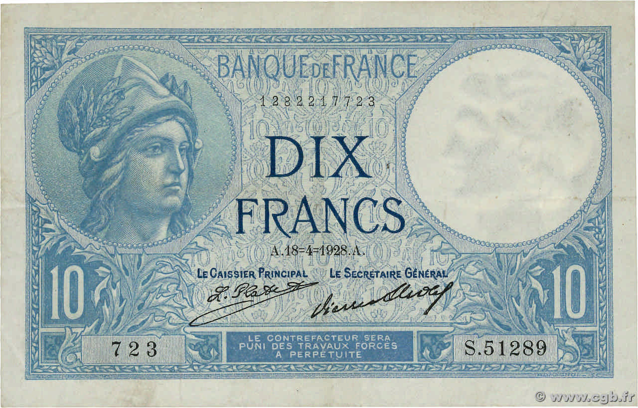 10 Francs MINERVE FRANKREICH  1928 F.06.13 SS