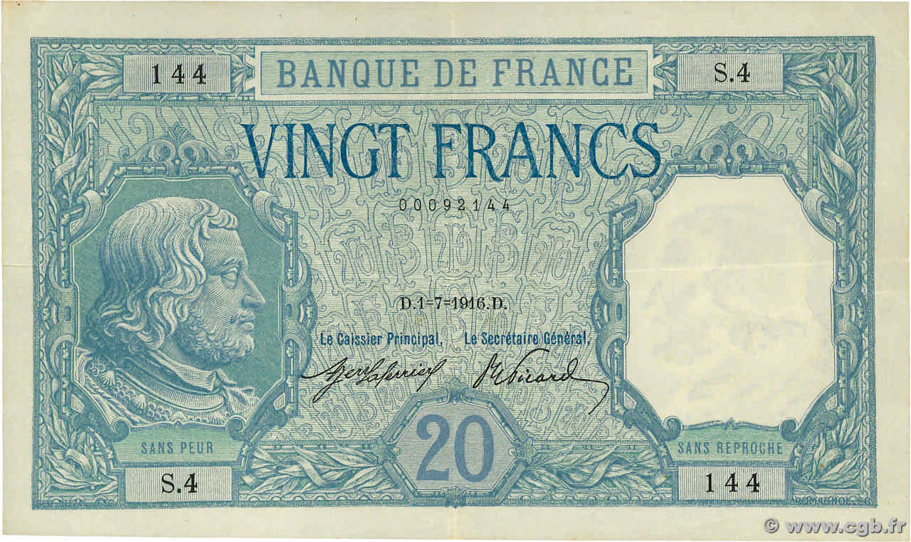 20 Francs BAYARD Petit numéro FRANCE  1916 F.11.01 TTB