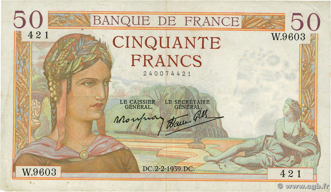 50 Francs CÉRÈS modifié FRANCE  1939 F.18.21 F