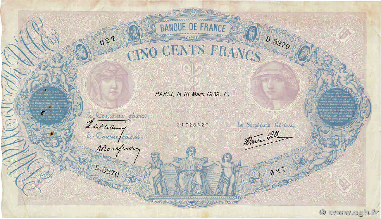 500 Francs BLEU ET ROSE modifié FRANCE  1939 F.31.27 TB+