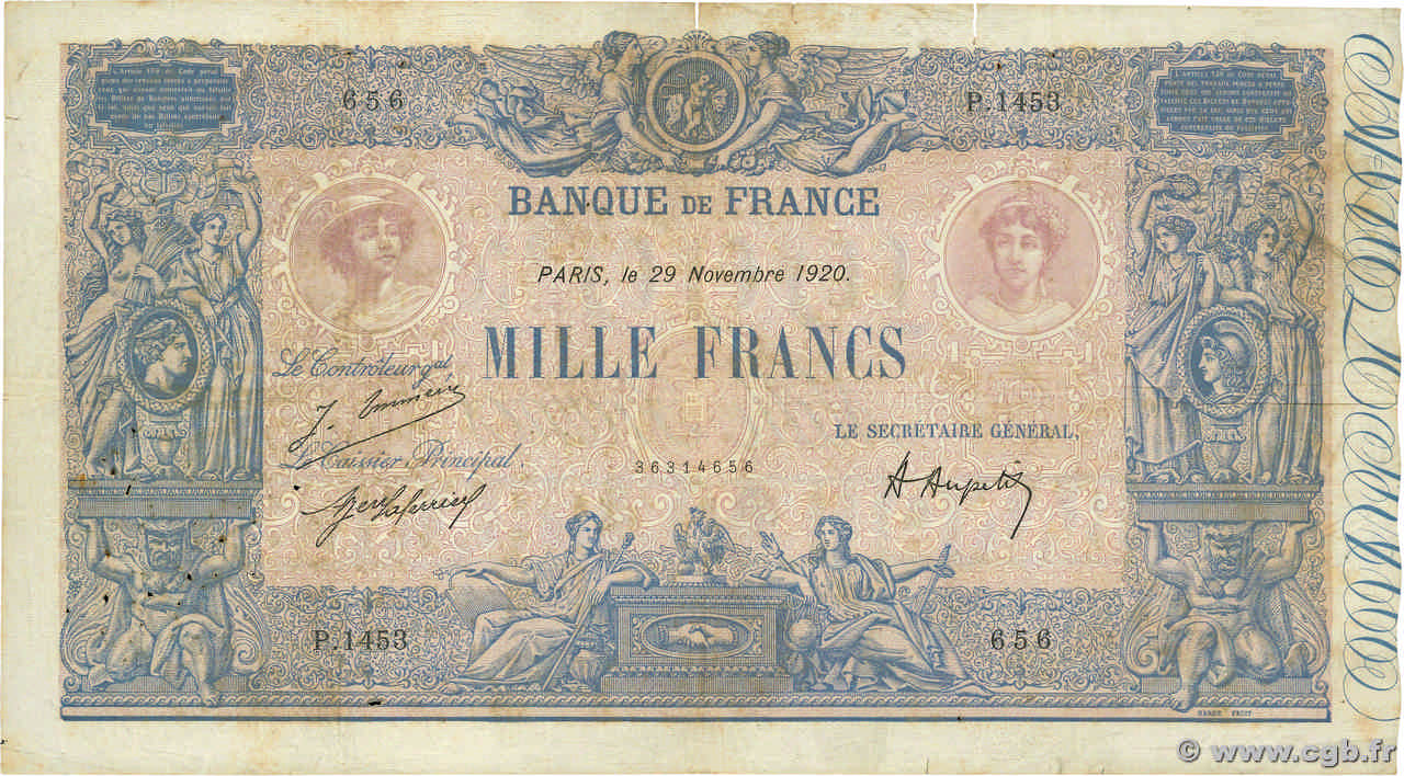 1000 Francs BLEU ET ROSE FRANCE  1920 F.36.36 pr.TB