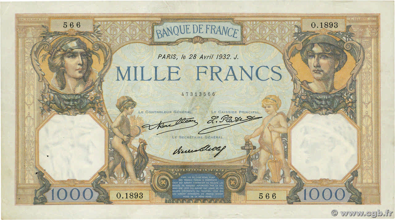 1000 Francs CÉRÈS ET MERCURE FRANCIA  1932 F.37.07 BC+
