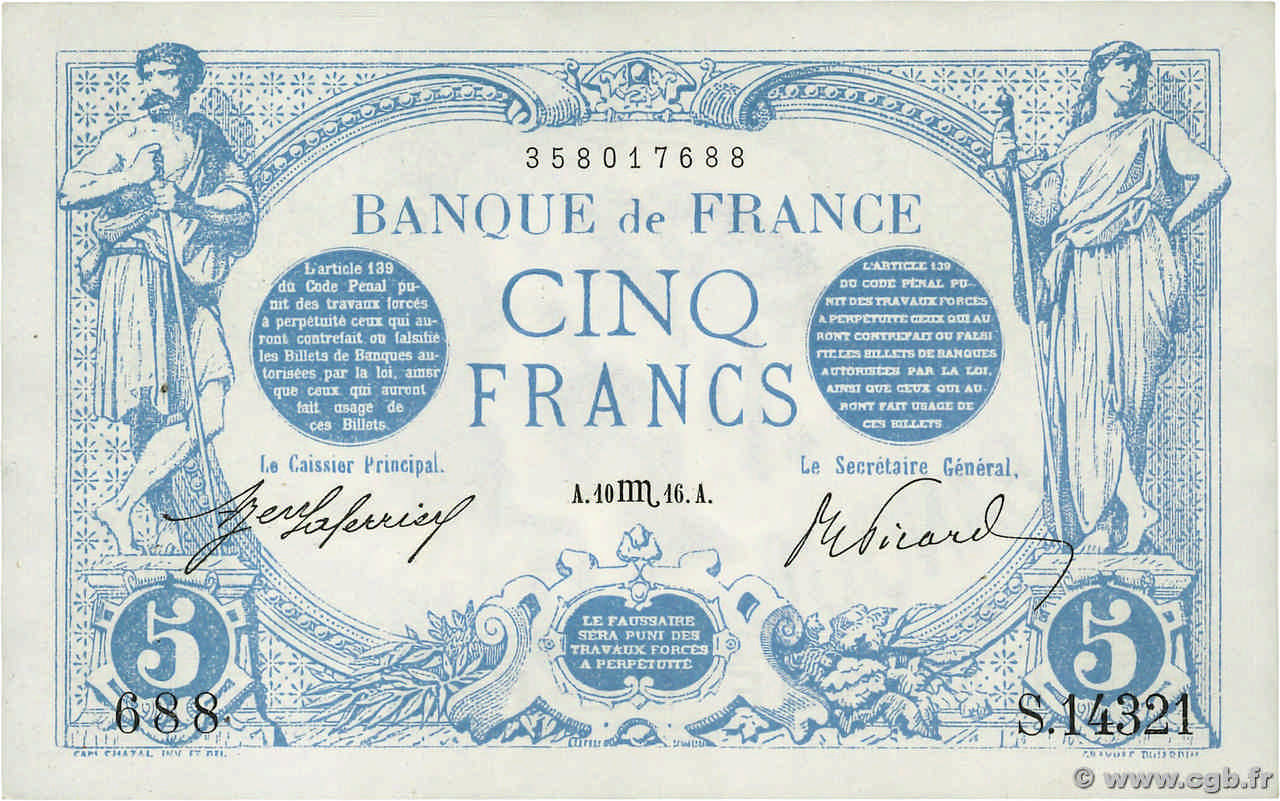 5 Francs BLEU FRANCIA  1916 F.02.44 EBC