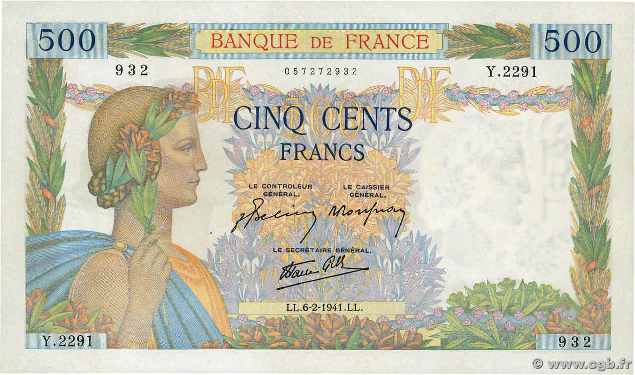 500 Francs LA PAIX FRANCIA  1941 F.32.14 AU+