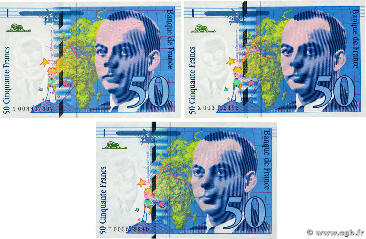 50 Francs SAINT-EXUPÉRY Lot FRANCIA  1992 F.72.01b q.FDC