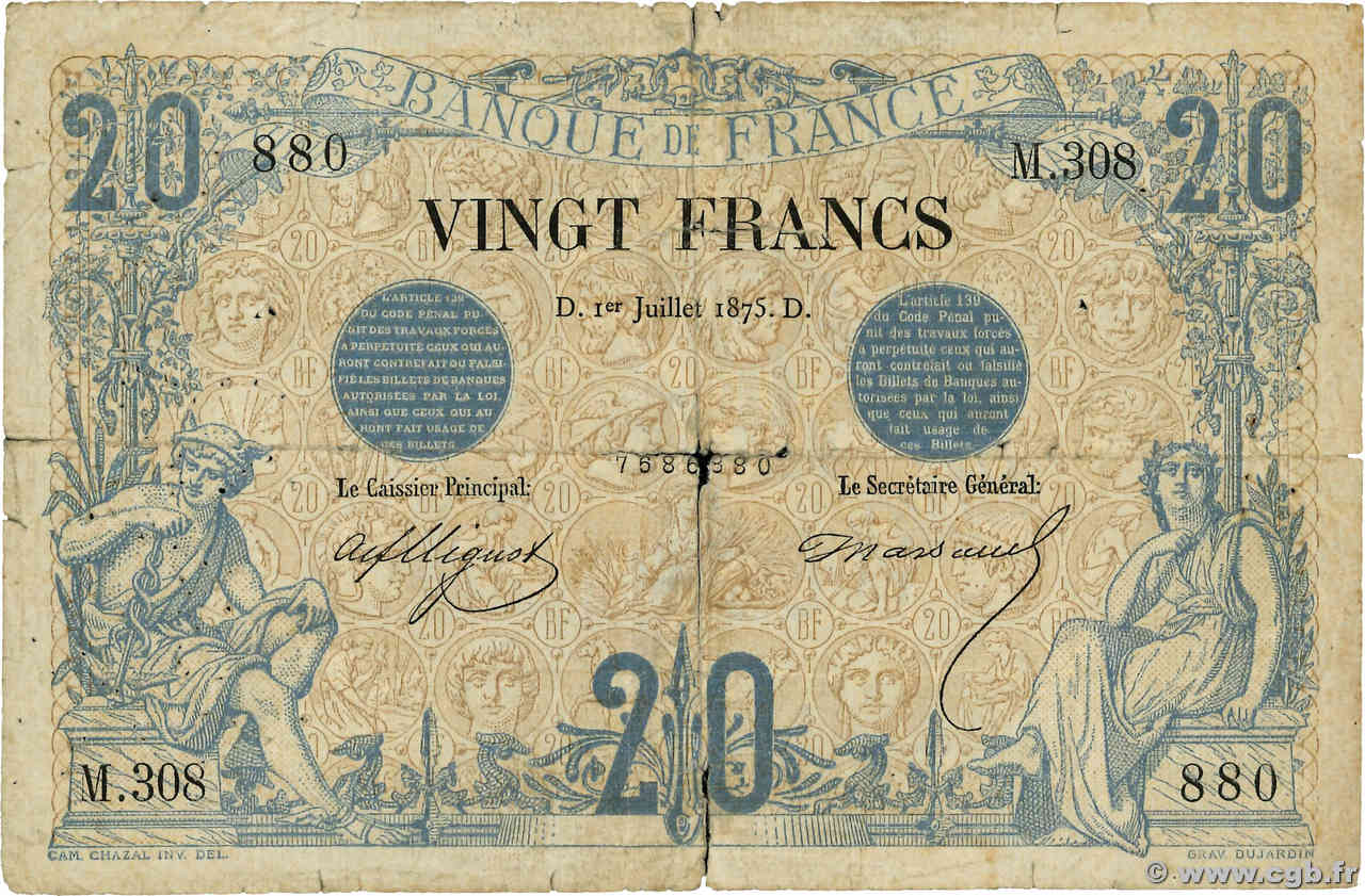 20 Francs NOIR FRANCE  1875 F.09.02 pr.B