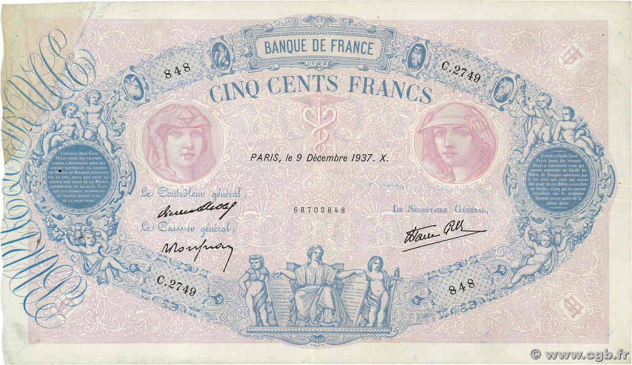 500 Francs BLEU ET ROSE modifié FRANCIA  1937 F.31.03 q.BB