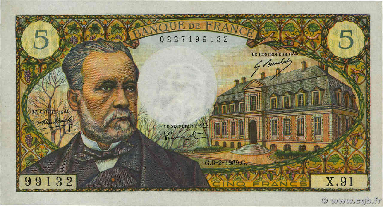 5 Francs PASTEUR FRANCIA  1969 F.61.09 EBC