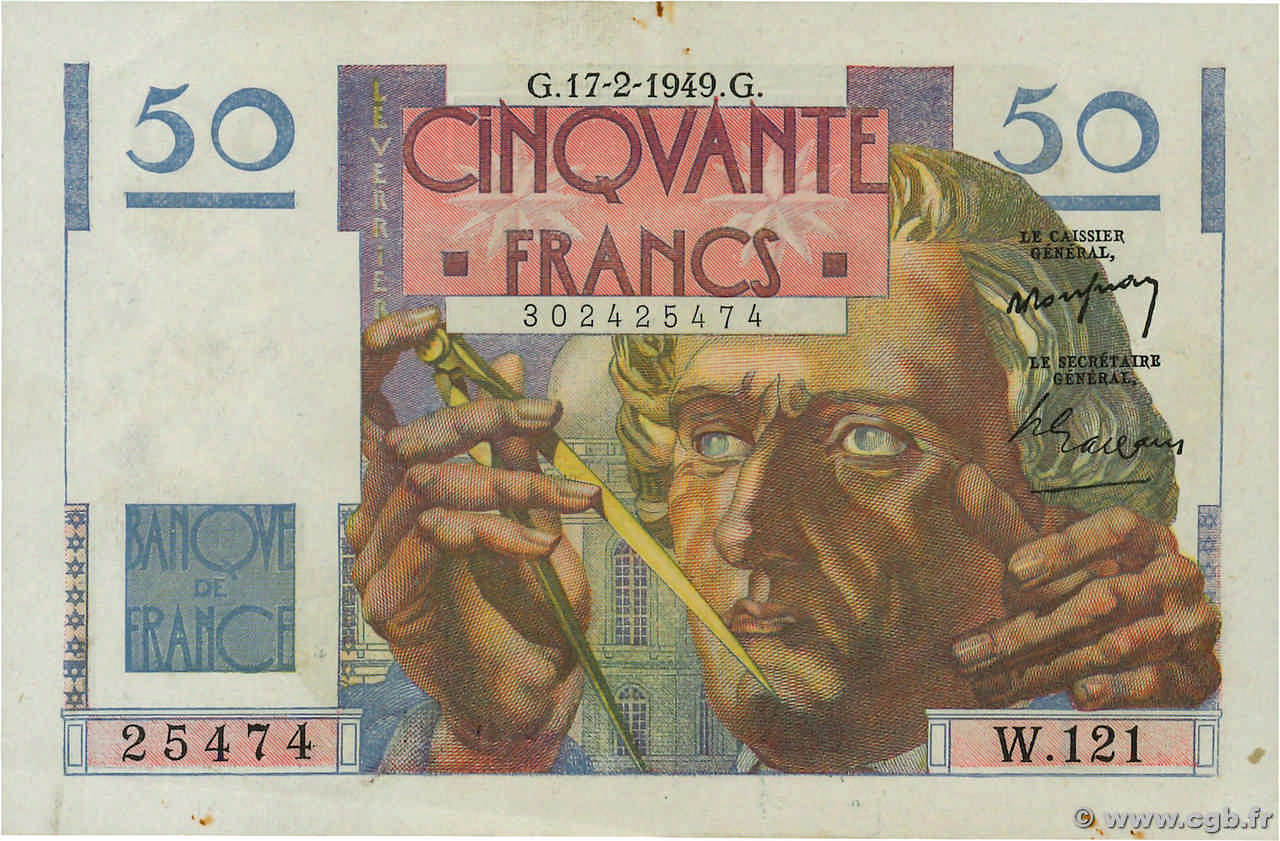 50 Francs LE VERRIER FRANKREICH  1949 F.20.11 fVZ